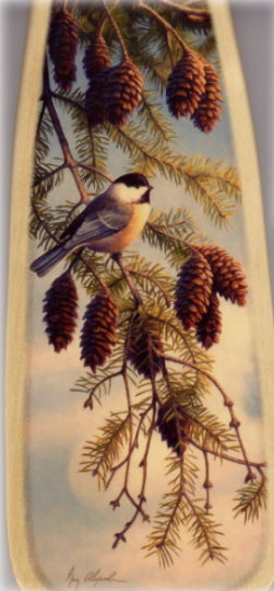 Canoe Paddle Art with Chickadee in Pine Tree