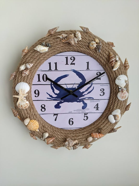 Blue Crab Clock with Nautical Rope and Shells